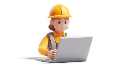Aufkleber - A cartoon character in a hard hat using a laptop, symbolizing construction and technology.