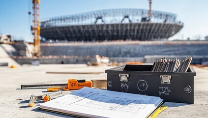 Aufkleber - Construction site with blueprints and tools in foreground, stadium under construction in background.