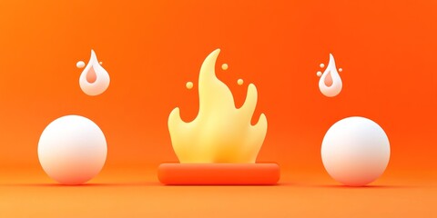 Poster - A stylized fire in an orange background with two white spheres and flame elements.