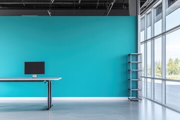 Aufkleber - Modern workspace with a turquoise wall, desk, monitor, and shelving unit.