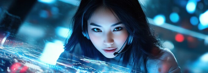 Aufkleber - A focused individual wearing a headset, engaged with futuristic technology and data.