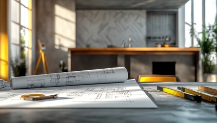 Poster - Architectural plans on a table in a modern kitchen setting.