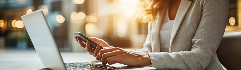 Aufkleber - A person using a smartphone while working on a laptop in a bright, modern workspace.