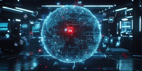 Aufkleber - A digital globe with floating icons representing data and technology connections.