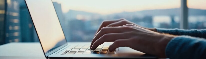 Aufkleber - A close-up of hands typing on a laptop with a scenic background.