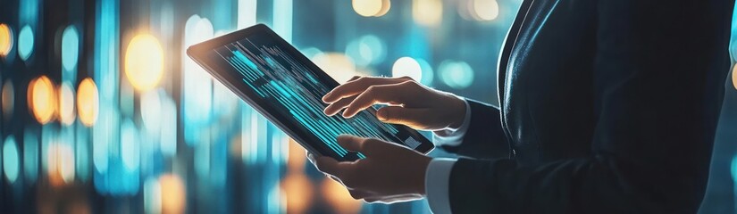 Leinwandbilder - Person using a tablet to analyze data in a modern, illuminated environment.