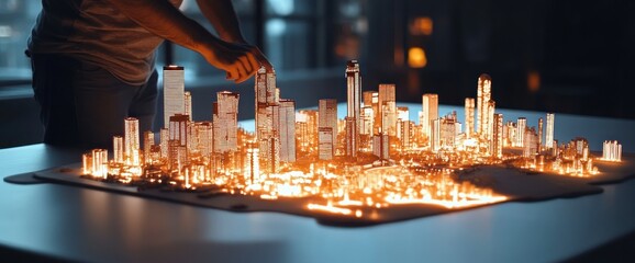 Poster - A person interacts with a glowing city model, showcasing urban architecture and design.