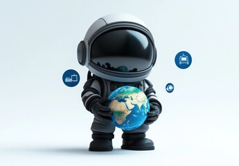 Poster - A cartoon astronaut holding the Earth with icons representing travel and technology.