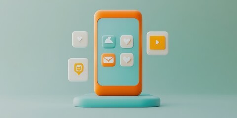 Fototapete - A stylized smartphone with social media icons, representing digital communication.