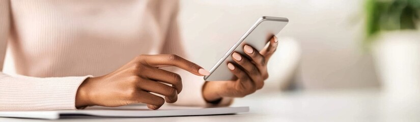 Aufkleber - A person using a smartphone while sitting at a table.