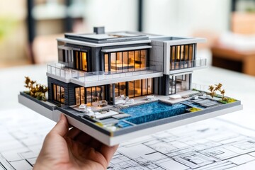 Poster - A hand holds a detailed architectural model of a modern house with a pool.
