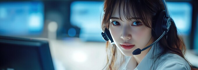 Poster - A focused individual wearing a headset in a high-tech environment.