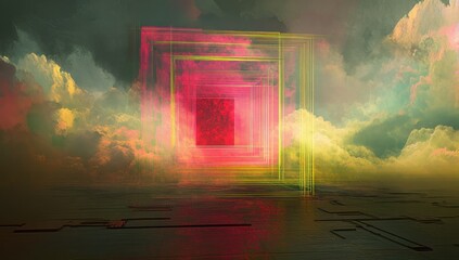 Poster - A vibrant, abstract scene featuring colorful geometric shapes amidst a surreal cloudscape.