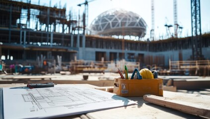 Aufkleber - Construction site with blueprints and tools, showcasing building progress.