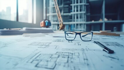 Poster - Glasses resting on architectural blueprints in a workspace with construction tools.