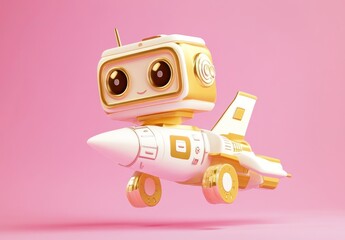 Poster - A cute robot character riding a whimsical rocket against a pink background.