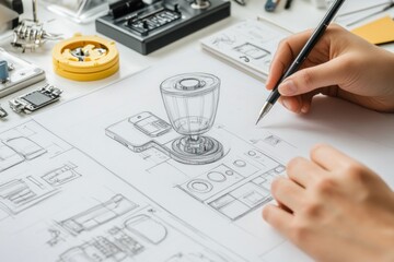 Poster - A hand sketches a transparent cup design on a workspace filled with various technical tools.