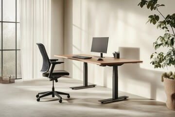 Poster - A modern workspace featuring a desk, chair, and computer setup in a bright room.