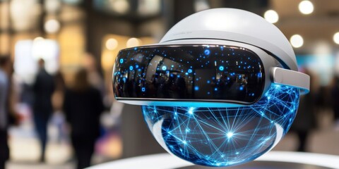 Poster - A futuristic VR headset displayed on a globe with a digital network design.