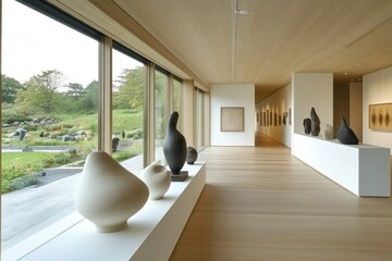 Leinwandbilder - A modern gallery showcasing abstract sculptures and a serene garden view.