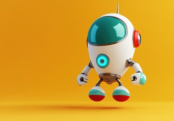 Fototapete - A playful robot character with a vibrant design, floating against a bright yellow background.