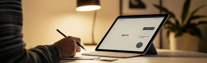 Aufkleber - A person writing on a tablet in a cozy, well-lit environment.