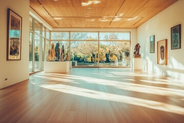 Leinwandbilder - A spacious art gallery featuring sculptures and natural light.