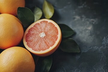 Sticker - Fresh grapefruits and leaves arranged on a textured surface.