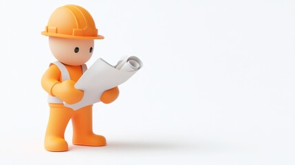 Aufkleber - A cartoon construction worker studying blueprints on a plain background.