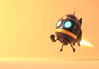 Poster - A cartoon rocket character with a smiling face, launching into the air with a bright background.