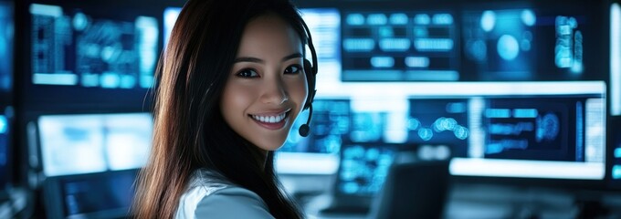 Poster - A smiling woman with a headset in a high-tech control room filled with screens.