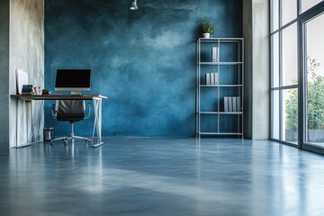 Poster - Modern office space with a desk, computer, and shelves against a blue wall.