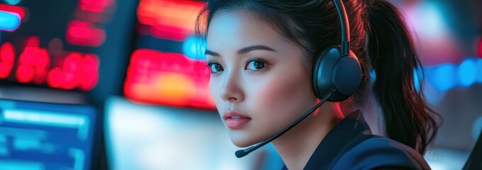 Poster - A focused individual wearing a headset in a high-tech control room with glowing screens.