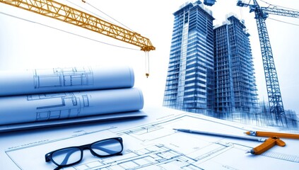 Poster - Construction site with blueprints and tools, highlighting architectural planning and development.