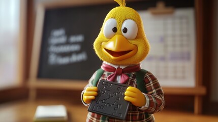 Poster - A cheerful cartoon bird character holding a puzzle piece, set in a cozy classroom environment.