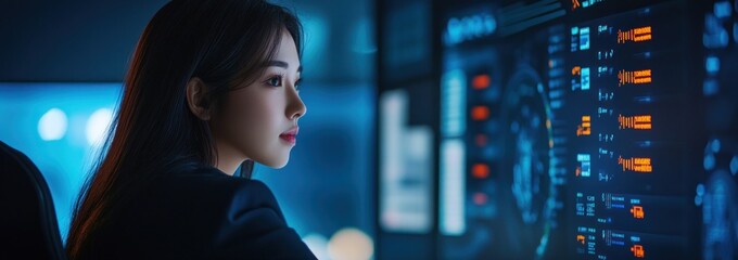 Aufkleber - A woman focused on a digital interface, analyzing data in a high-tech environment.