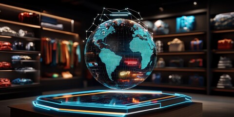 Poster - A futuristic holographic globe in a tech-inspired retail environment.