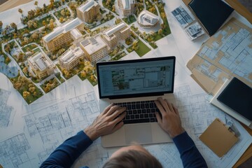 Poster - A person working on architectural plans and a model of a development project.