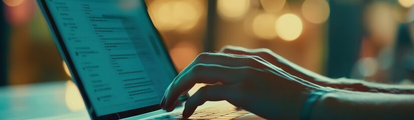 Aufkleber - A close-up of hands typing on a laptop, illuminated by soft, colorful lights.