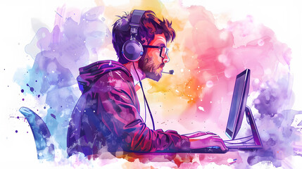Watercolor Software Developer cartoon character
