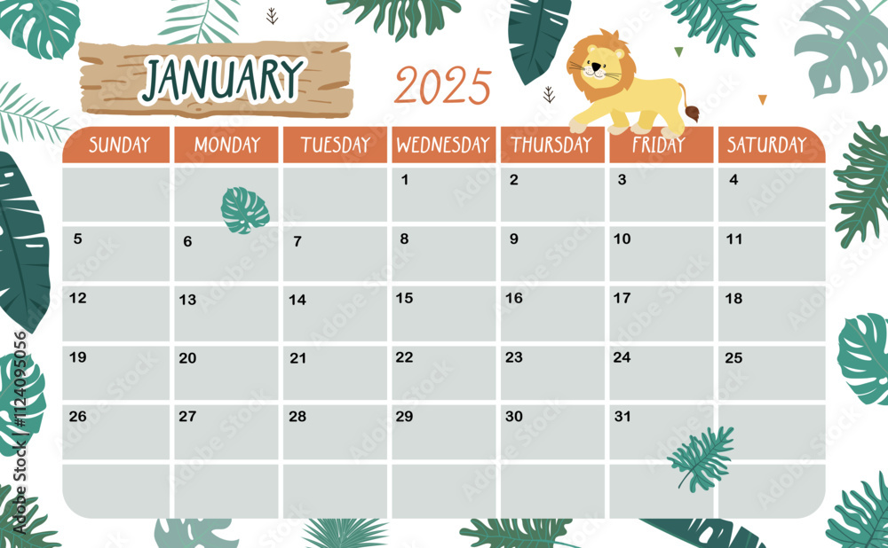 2025 January calendar week start on Sunday with safari style for ...