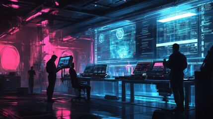 Wall Mural - futuristic control room with technicians monitoring screens.