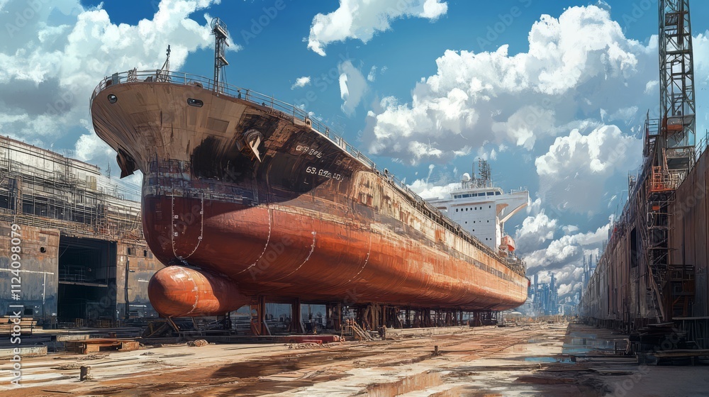 Large cargo ship in dry dock for repairs.