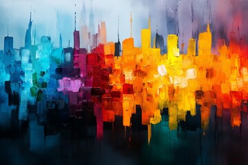 Wall Mural - A striking abstract painting depicting a vibrant cityscape using a brilliant array of colors and bold brush strokes, capturing energy and urban dynamism vividly.