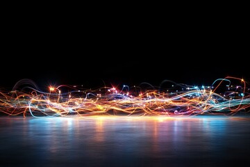 Wall Mural - A captivating image showcasing colorful light trails captured in motion against a dark background, symbolizing speed, energy, and modern technology.