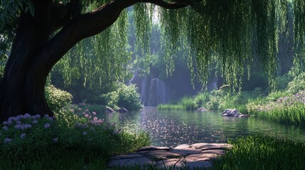 Sticker - Serene waterfall scene with willow tree, flowers, and calm pond. Ideal for websites, blogs, or projects needing a peaceful, nature backdrop.