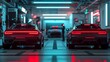 © Linlyart - Two sleek cars with glowing taillights are parked in a futuristic garage, illuminated by vibrant neon lights, creating a high-tech atmosphere.