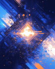 Wall Mural - dynamic abstract artwork featuring a glowing central pyramid amidst a chaotic storm of blue and orange shards 