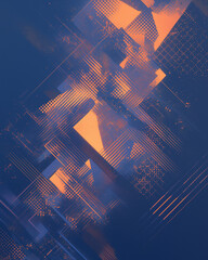 Wall Mural - intense geometric abstraction with angular shards in a deep blend of orange and blue, resembling a digital storm