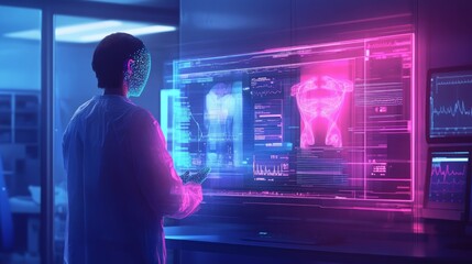 Doctor using holographic medical interface displays 3D body scans.